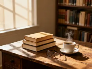 Mistyczna, świecąca księga na kamiennym postumencie w magicznej bibliotece, nawiązująca do klimatu serii fantasy.