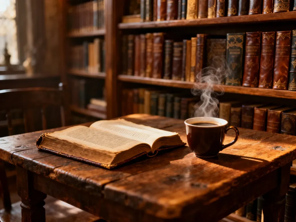 Otwarta stara księga i filiżanka kawy na drewnianym stole w przytulnej bibliotece wypełnionej książkami fantasy.