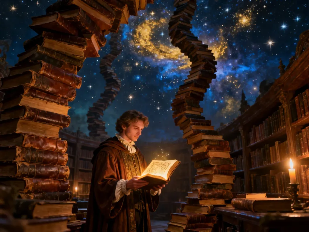 Naukowiec w szatach czyta świecącą księgę w magicznej bibliotece ze stosami książek sięgającymi gwieździstego nieba.