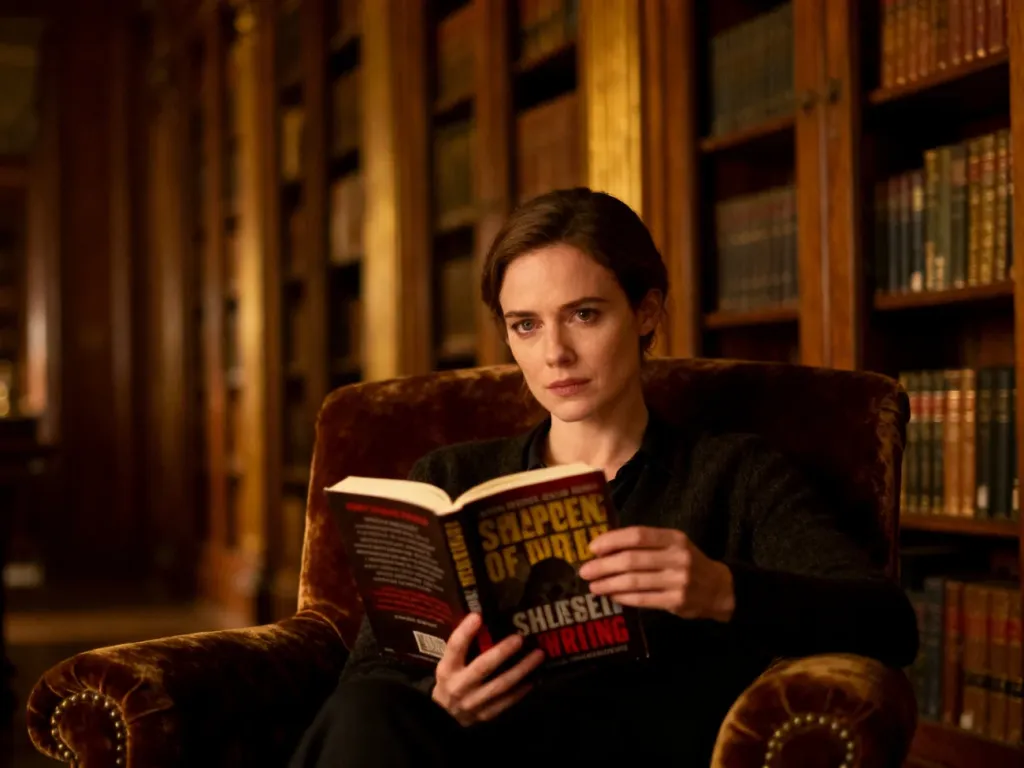 Kobieta czytająca thriller w nastrojowej bibliotece, podkreślająca klimat twórczości Freidy McFadden.