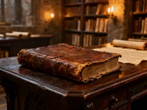 Kobieta czytająca książkę w przytulnej, słonecznej bibliotece domowej z filiżanką kawy na stole.