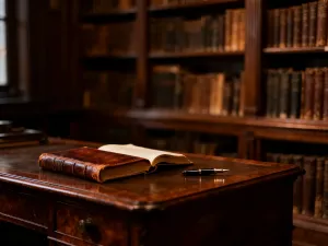 Mężczyzna czytający książkę w przytulnej domowej bibliotece pełnej regałów.