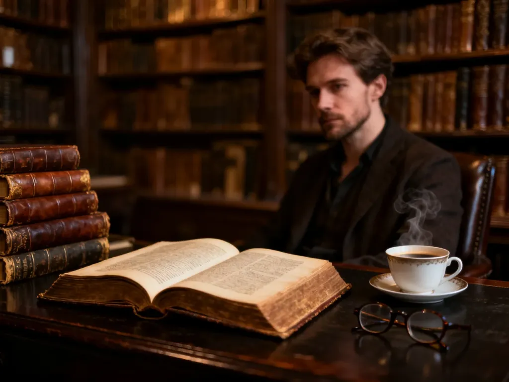 Krzysztof Bochus siedzący w nastrojowej bibliotece przy otwartej książce i kawie, oddający klimat jego twórczości literackiej.