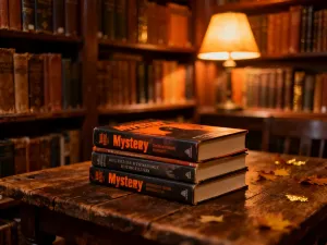 Kobieta czytająca książkę w przytulnej bibliotece przy kominku, obok stosu zabytkowych powieści przygodowych.