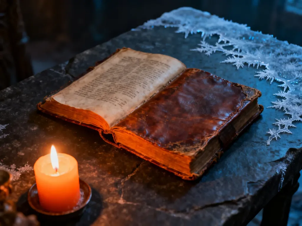 Otwarta, stara księga na kamiennym stole w otoczeniu ognia i lodu, nawiązująca do klimatu sagi fantasy.