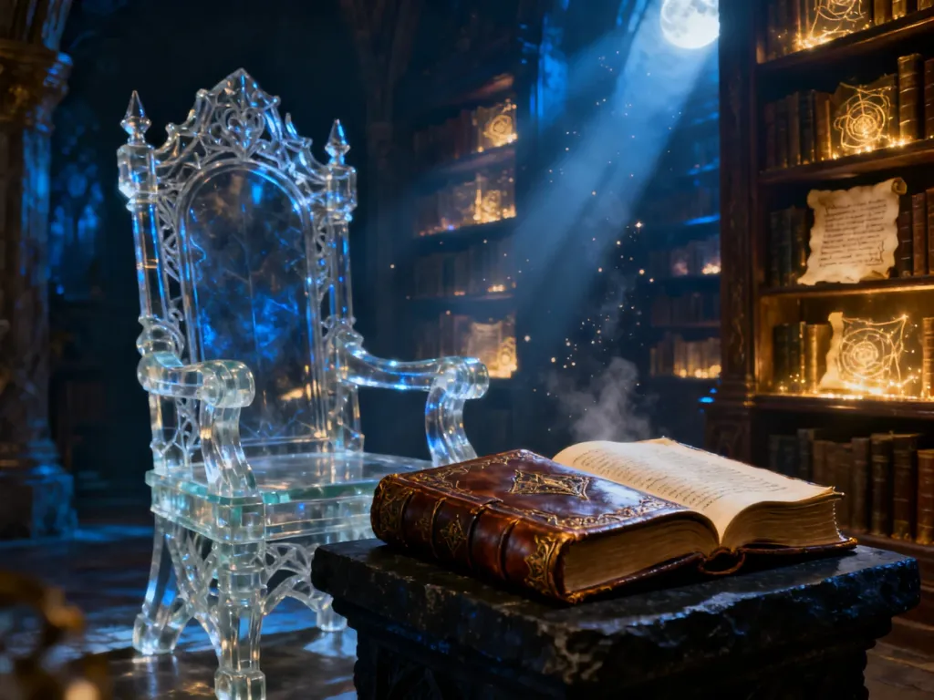 Ozdobny szklany tron w magicznej bibliotece oraz otwarta księga fantasy, wprowadzające w klimat serii „Szklany tron”.