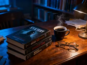 Mężczyzna czytający książkę w przytulnej bibliotece z regałami pełnymi literatury.