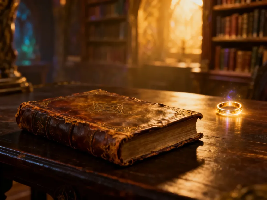 Starodawna księga i magiczny pierścień w klimatycznej bibliotece, nawiązujące do świata Władcy Pierścieni.