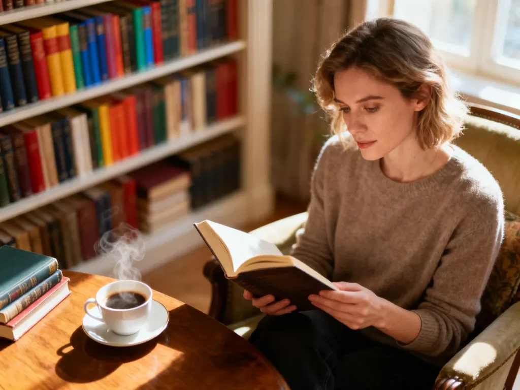 Kobieta czytająca książkę w przytulnej, słonecznej bibliotece domowej z filiżanką kawy na stole.