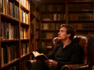 Mężczyzna czytający thriller w nastrojowej bibliotece, podkreślający klimat powieści Macieja Siembiedy.