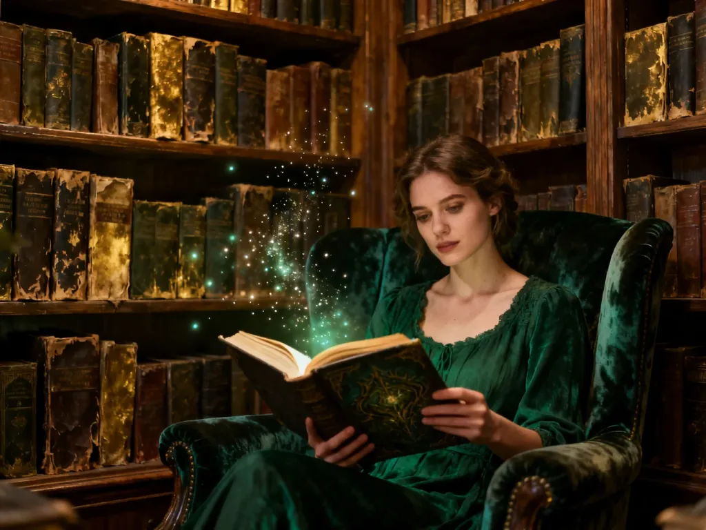 Kobieta czytająca książkę fantasy w przytulnej, klimatycznej bibliotece wypełnionej regałami z literaturą.